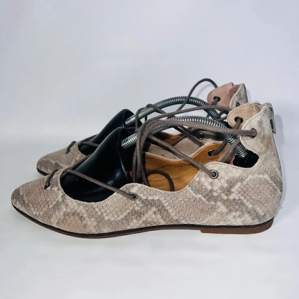 Lucky Brand Billoh Snake Print Suede‎ Pointed Toe Lace-up Flats Women's 7